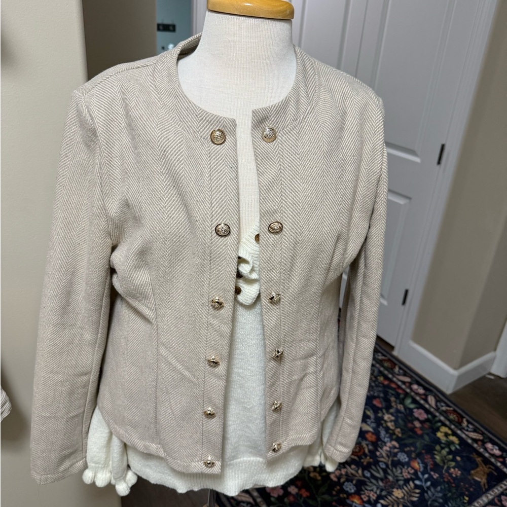SHEIN Beige Herringbone Button-Up Blazer